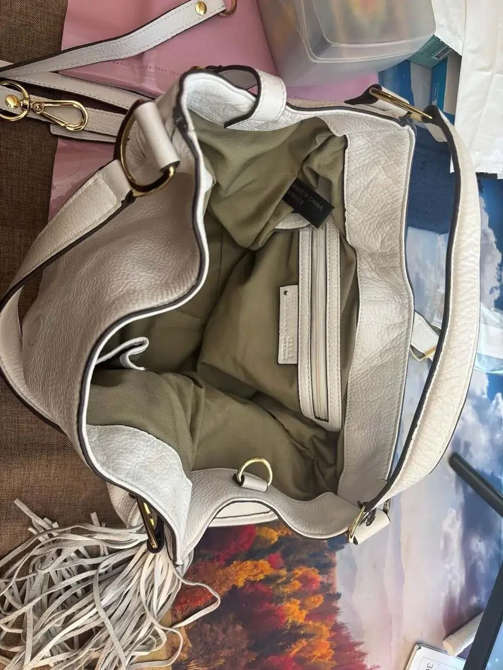 G.I.L.I. Leather Stirrup Satchel Hobo Handbag with Tassel White